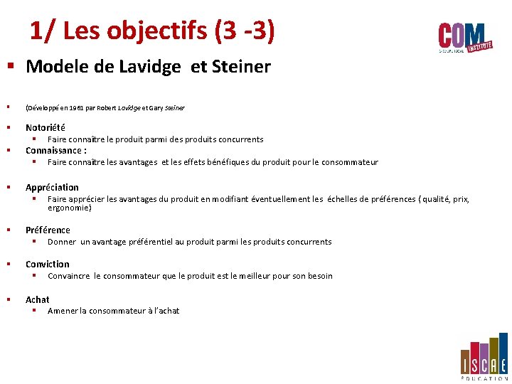 1/ Les objectifs (3 -3) § Modele de Lavidge et Steiner § (Développé en 1/ Les objectifs (3 -3) § Modele de Lavidge et Steiner § (Développé en