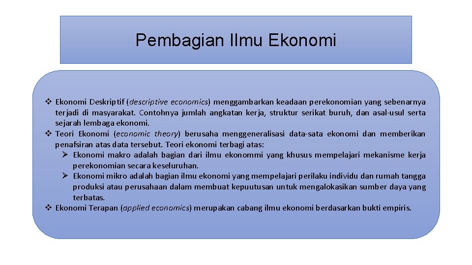 Pembagian Ilmu Ekonomi v Ekonomi Deskriptif (descriptive economics) menggambarkan keadaan perekonomian yang sebenarnya terjadi