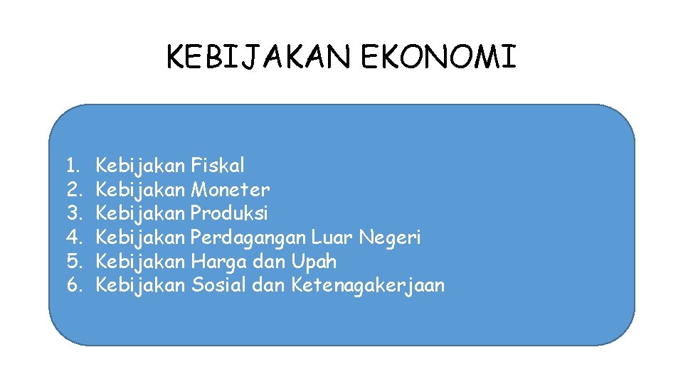 KEBIJAKAN EKONOMI 1. 2. 3. 4. 5. 6. Kebijakan Fiskal Kebijakan Moneter Kebijakan Produksi