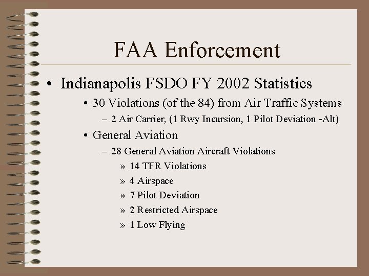 FAA Enforcement • Indianapolis FSDO FY 2002 Statistics • 30 Violations (of the 84)