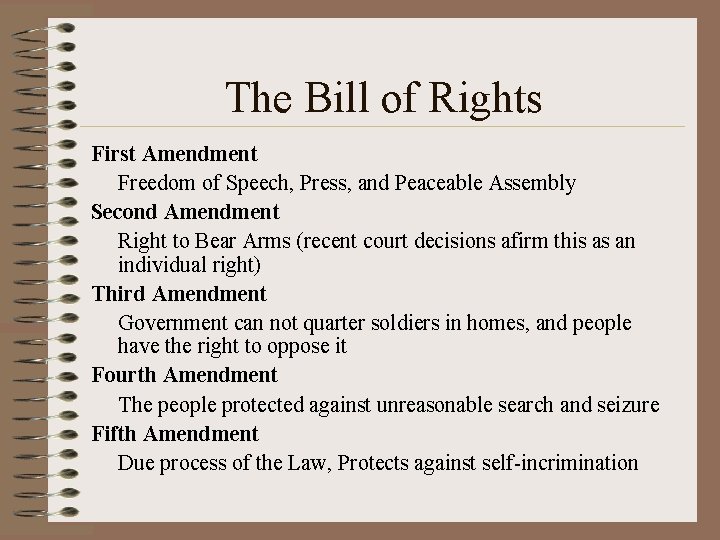 The Bill of Rights First Amendment Freedom of Speech, Press, and Peaceable Assembly Second
