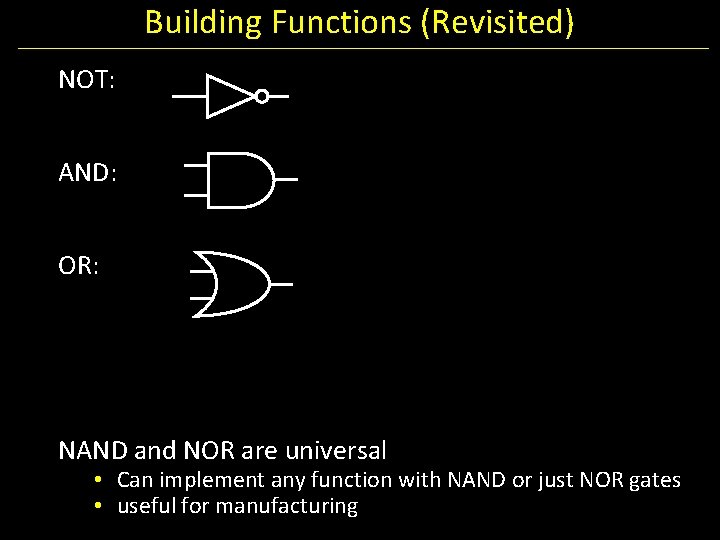 Building Functions (Revisited) NOT: AND: OR: NAND and NOR are universal • Can implement