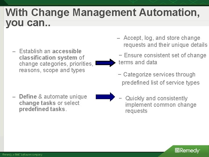 With Change Management Automation, you can. . – Accept, log, and store change – With Change Management Automation, you can. . – Accept, log, and store change –