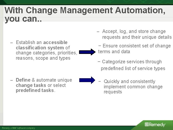With Change Management Automation, you can. . – Accept, log, and store change –