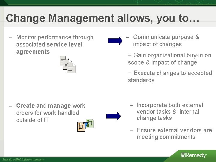 Change Management allows, you to… – Monitor performance through associated service level agreements –
