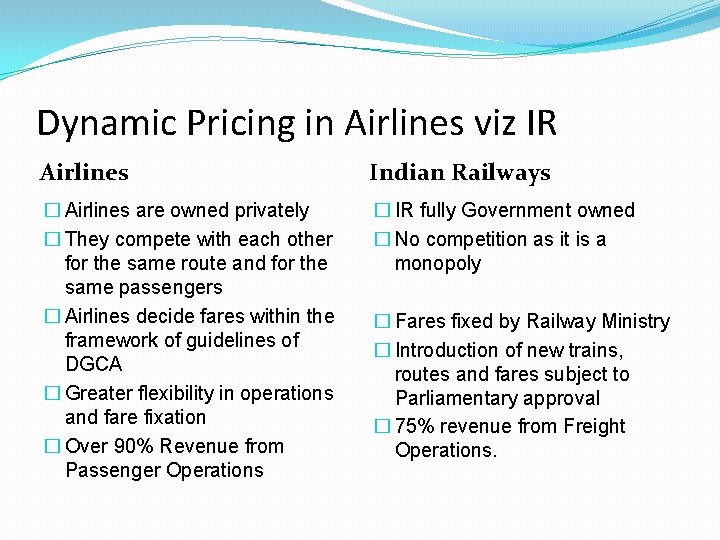 Dynamic Pricing in Airlines viz IR Airlines Indian Railways � Airlines are owned privately Dynamic Pricing in Airlines viz IR Airlines Indian Railways � Airlines are owned privately