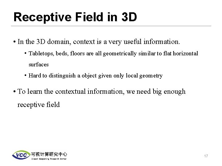 Receptive Field in 3 D • In the 3 D domain, context is a