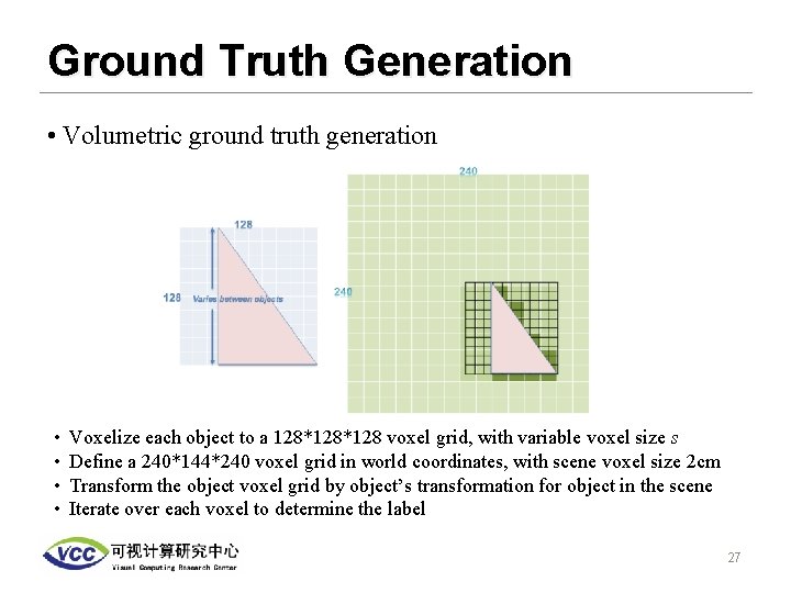 Ground Truth Generation • Volumetric ground truth generation • • Voxelize each object to