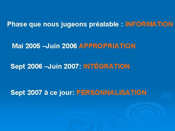 Phase que nous jugeons préalable : INFORMATION Mai 2005 –Juin 2006 APPROPRIATION Sept 2006