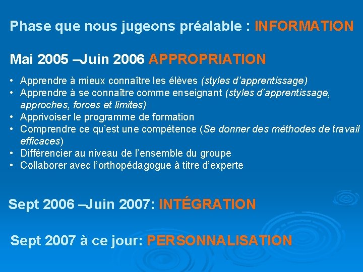 Phase que nous jugeons préalable : INFORMATION Mai 2005 –Juin 2006 APPROPRIATION • Apprendre