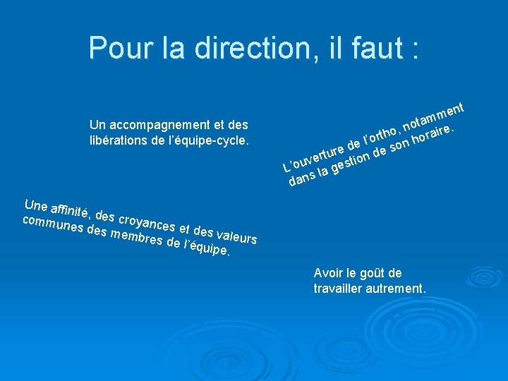 Pour la direction, il faut : Un accompagnement et des libérations de l’équipe-cycle. en