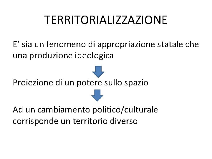 TERRITORIALIZZAZIONE E’ sia un fenomeno di appropriazione statale che una produzione ideologica Proiezione di