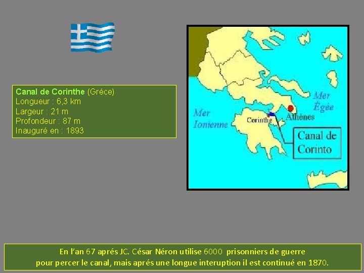 Canal de Corinthe (Gréce) Longueur : 6, 3 km Largeur : 21 m Profondeur