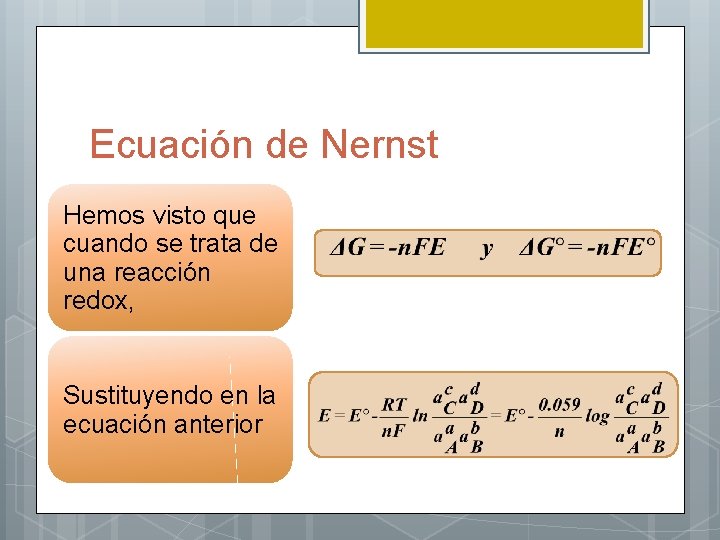 Ecuación de Nernst Hemos visto que cuando se trata de una reacción redox, Sustituyendo