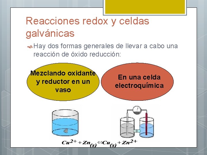 Reacciones redox y celdas galvánicas Hay dos formas generales de llevar a cabo una