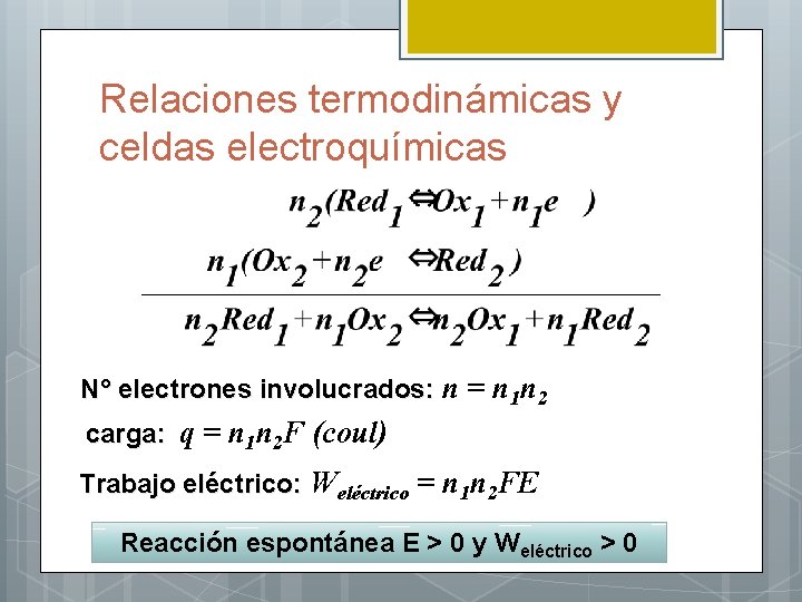 Relaciones termodinámicas y celdas electroquímicas N° electrones involucrados: n = n 1 n 2
