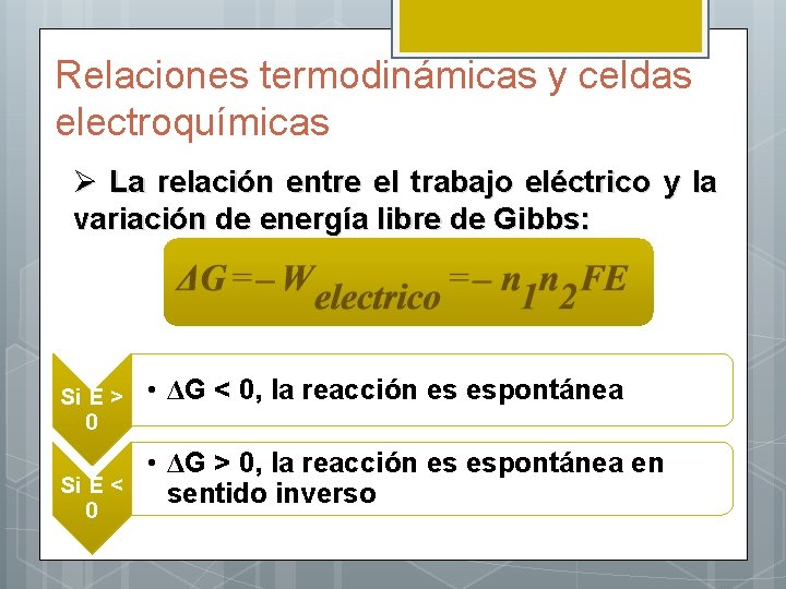 Relaciones termodinámicas y celdas electroquímicas Ø La relación entre el trabajo eléctrico y la