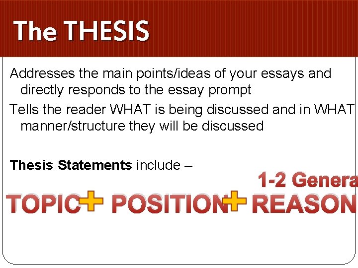 The THESIS Addresses the main points/ideas of your essays and directly responds to the