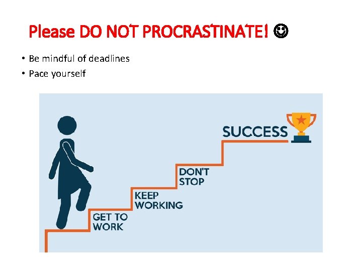 Please DO NOT PROCRASTINATE! • Be mindful of deadlines • Pace yourself 