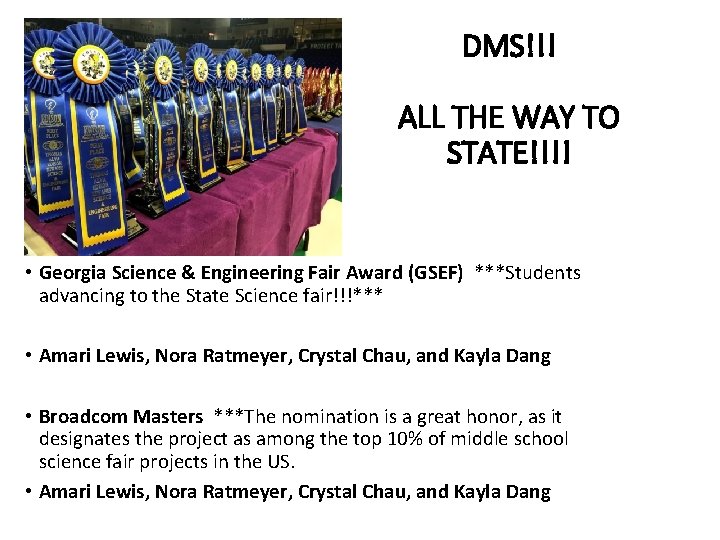 DMS!!! ALL THE WAY TO STATE!!!! • Georgia Science & Engineering Fair Award (GSEF)