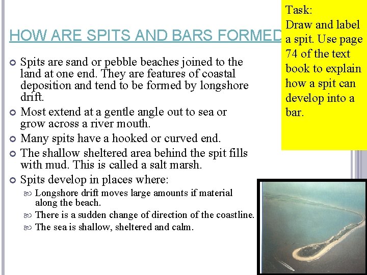 Task: Draw and label HOW ARE SPITS AND BARS FORMED? a spit. Use page