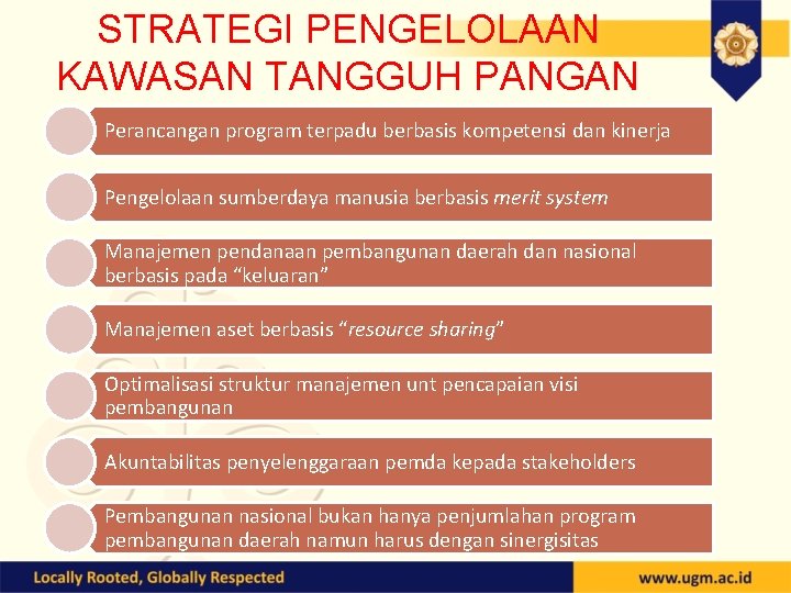 STRATEGI PENGELOLAAN KAWASAN TANGGUH PANGAN Perancangan program terpadu berbasis kompetensi dan kinerja Pengelolaan sumberdaya