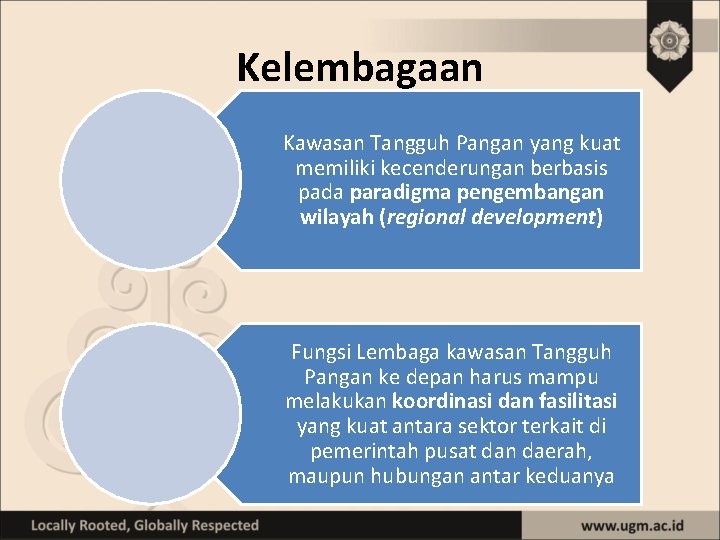 Kelembagaan Kawasan Tangguh Pangan yang kuat memiliki kecenderungan berbasis pada paradigma pengembangan wilayah (regional