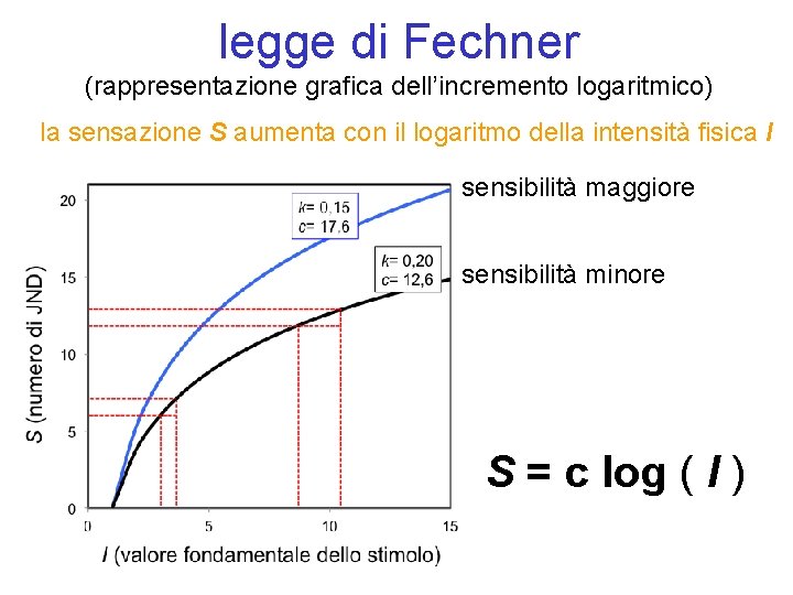 legge di Fechner (rappresentazione grafica dell’incremento logaritmico) la sensazione S aumenta con il logaritmo