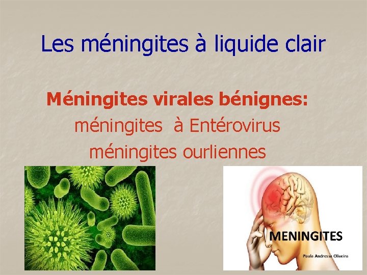 Les méningites à liquide clair Méningites virales bénignes: méningites à Entérovirus méningites ourliennes 