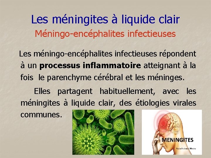 Les méningites à liquide clair Méningo-encéphalites infectieuses Les méningo-encéphalites infectieuses répondent à un processus