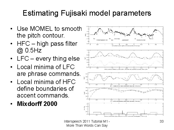 Estimating Fujisaki model parameters • Use MOMEL to smooth the pitch contour. • HFC