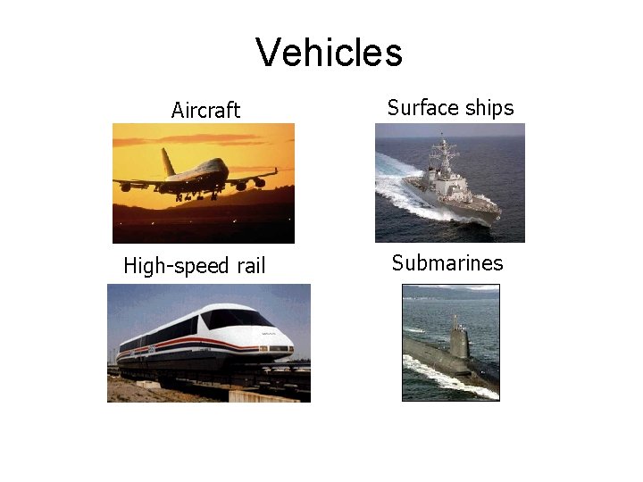 Vehicles Aircraft High-speed rail Surface ships Submarines Vehicles Aircraft High-speed rail Surface ships Submarines