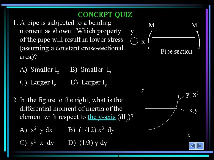 CONCEPT QUIZ 1. A pipe is subjected to a bending moment as shown. Which CONCEPT QUIZ 1. A pipe is subjected to a bending moment as shown. Which