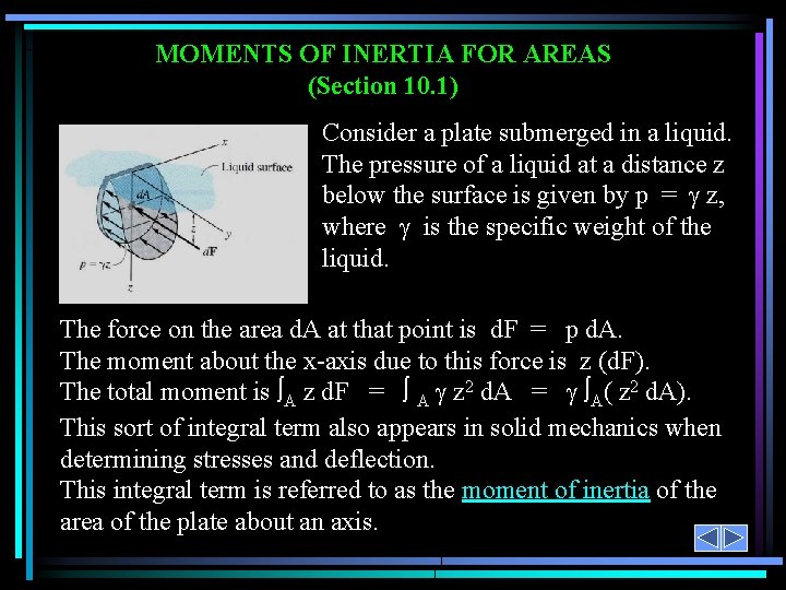 MOMENTS OF INERTIA FOR AREAS (Section 10. 1) Consider a plate submerged in a MOMENTS OF INERTIA FOR AREAS (Section 10. 1) Consider a plate submerged in a