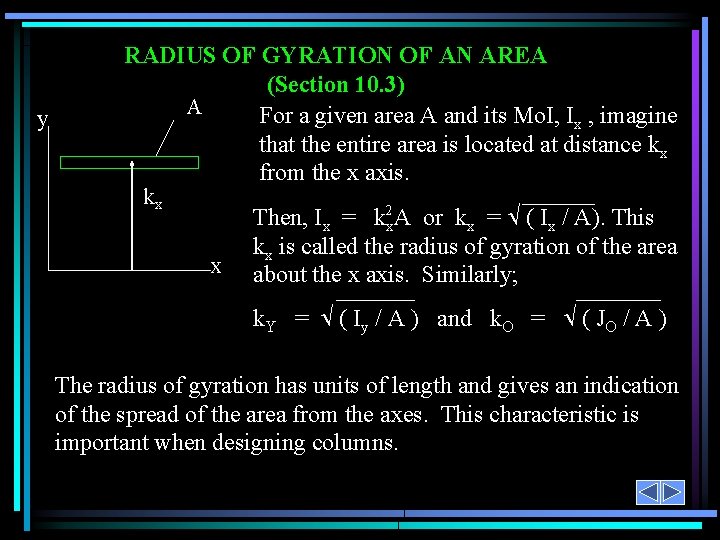 y RADIUS OF GYRATION OF AN AREA (Section 10. 3) A For a given y RADIUS OF GYRATION OF AN AREA (Section 10. 3) A For a given