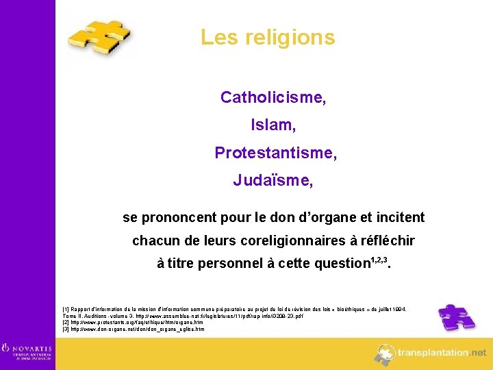 Les religions Catholicisme, Islam, Protestantisme, Judaïsme, se prononcent pour le don d’organe et incitent