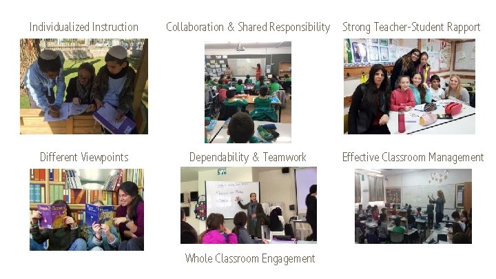 Individualized Instruction Collaboration & Shared Responsibility Strong Teacher-Student Rapport Different Viewpoints Dependability & Teamwork