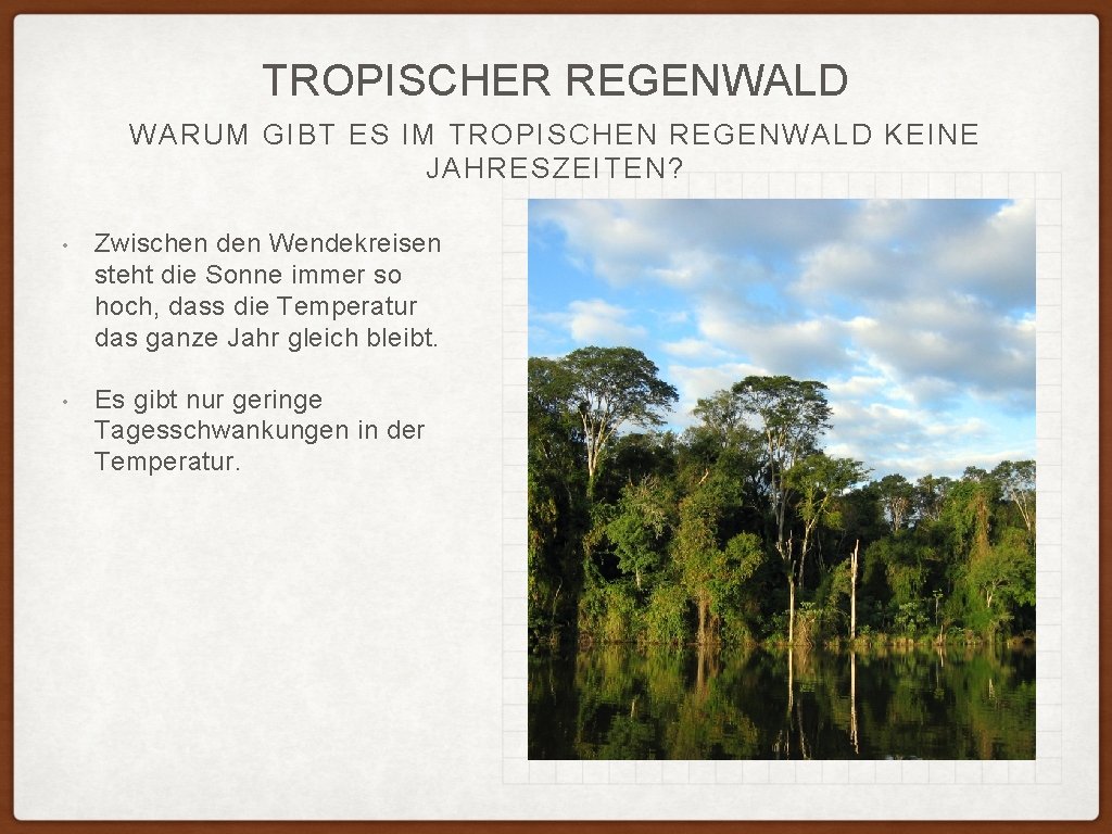 TROPISCHER REGENWALD WARUM GIBT ES IM TROPISCHEN REGENWALD KEINE JAHRESZEITEN? • Zwischen den Wendekreisen