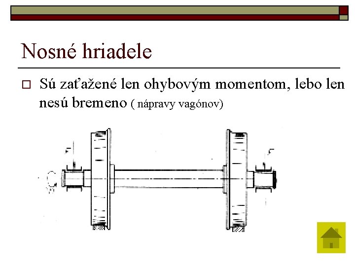 Nosné hriadele o Sú zaťažené len ohybovým momentom, lebo len nesú bremeno ( nápravy