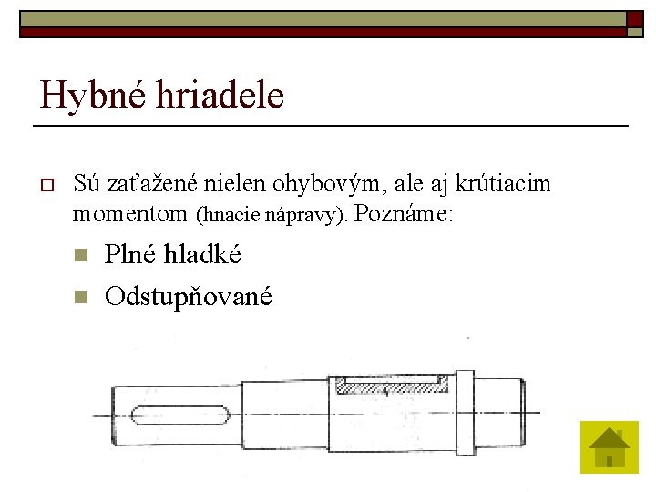Hybné hriadele o Sú zaťažené nielen ohybovým, ale aj krútiacim momentom (hnacie nápravy). Poznáme: