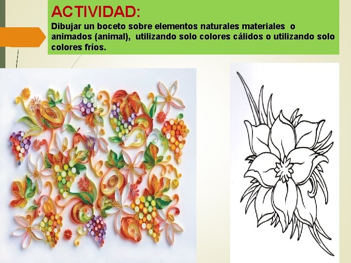 ACTIVIDAD: Dibujar un boceto sobre elementos naturales materiales o animados (animal), utilizando solo colores