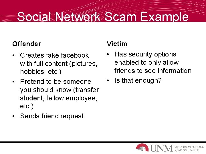 Social Network Scam Example Offender Victim • Creates fake facebook with full content (pictures, Social Network Scam Example Offender Victim • Creates fake facebook with full content (pictures,