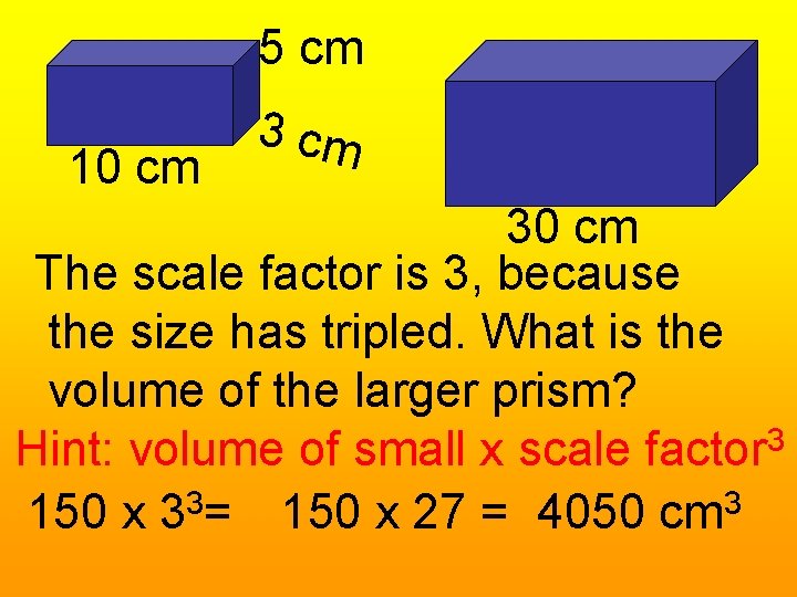 5 cm 10 cm 30 cm The scale factor is 3, because the size