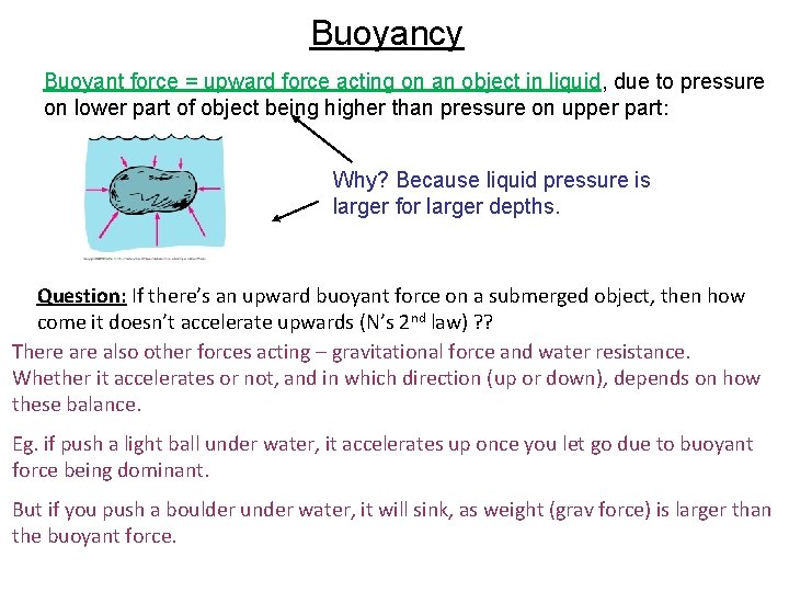 Buoyancy Buoyant force = upward force acting on an object in liquid, due to