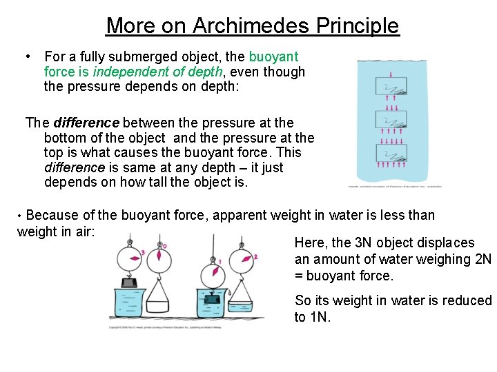 More on Archimedes Principle • For a fully submerged object, the buoyant force is
