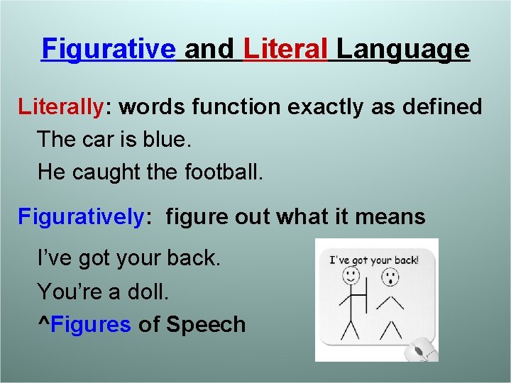 Figurative and Literal Language Literally: words function exactly as defined The car is blue.