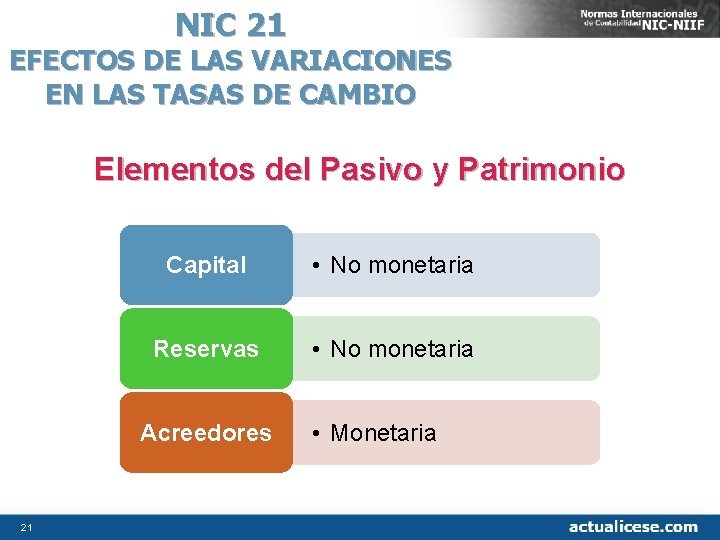 NIC 21 EFECTOS DE LAS VARIACIONES EN LAS TASAS DE CAMBIO Elementos del Pasivo