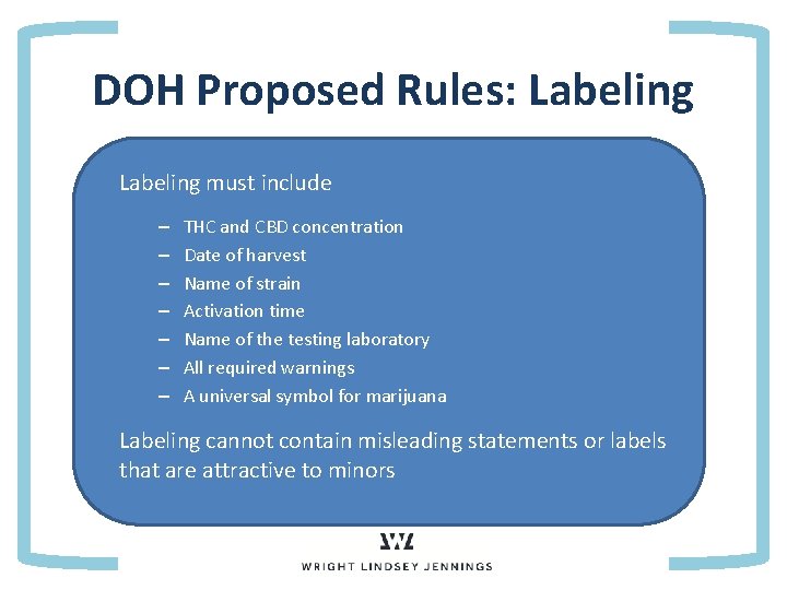 DOH Proposed Rules: Labeling must include • Point 1 CBD concentration – THC and