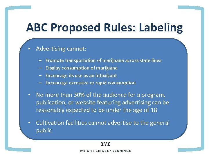 ABC Proposed Rules: Labeling • Advertising cannot: • –Point Promote 1 transportation of marijuana