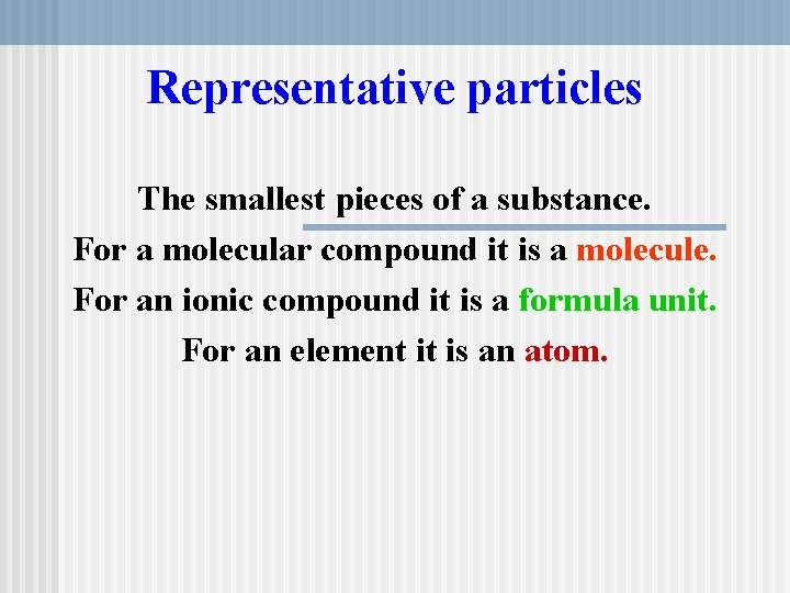 Representative particles The smallest pieces of a substance. For a molecular compound it is